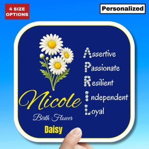 Daisy Sticker April Birth Flower Square Floral Name Decal Custom Gift For Her Baby Girl Personalized Laptop Sticker Planner Water Bottle