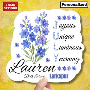 Sticker pied d'alouette fleur juillet Naissance Sticker nom floral personnalisé cadeau personnalisé pour son nouveau-né bébé fille Sticker pour mamans cadeau Mug pour ordinateur portable