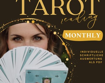 Puede incluir: Un gráfico digital para un servicio de lectura de tarot mensual con el texto TAROT reading MONTHLY e INDIVIDUELLE SCHRIFTLICHE AUSWERTUNG ALS PDF. La imagen muestra un abanico de cartas de tarot azul claro con un diseño floral.