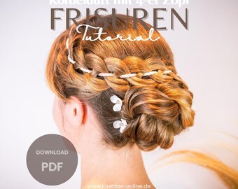 Puede incluir: Un tutorial de peinado que muestra un moño trenzado con un cordón blanco entrelazado. El texto dice Kordeldutt mit 4-er Zopf, FRISUREN, Tutorial y DOWNLOAD PDF. Dos pequeños accesorios para el cabello en forma de flor blanca están sujetos.