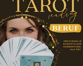 Puede incluir: Un gráfico digital para un servicio de lectura de tarot con el texto TAROT reading BERUF e INDIVIDUELLE SCHRIFTLICHE AUSWERTUNG ALS PDF. El diseño incluye un abanico de cartas de tarot azul claro con un emblema floral y detalles dorados.