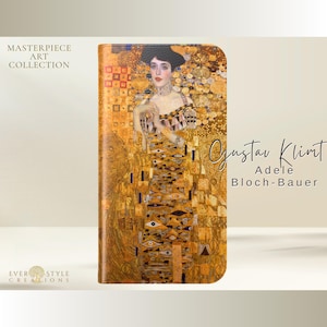 May include: A rectangular phone case featuring Gustav Klimt's Portrait of Adele Bloch-Bauer I, displaying a woman in a gold-toned dress with geometric patterns and eye motifs. The text reads Masterpiece Art Collection and Gustav Klimt Adele Bloch-Bauer.