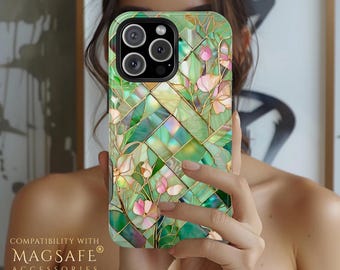 Jade Stained Glass Floral MagSafe Phone Case Pink Blossom Mosaic Botanical Tough Cover