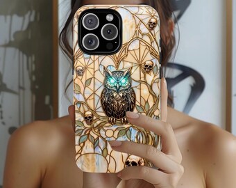 Gothic Owl Phone Case Stained Glass Skull Halloween Hard Shell Cover Spooky Witchy Case
