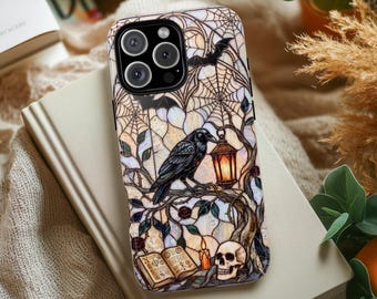 Gothic Raven Phone Case Stained Glass Crow Spellbook Skull Lantern Halloween Hard Cover