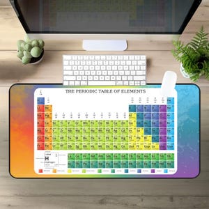 Puede incluir: Una alfombrilla de escritorio rectangular con la tabla periódica de los elementos, con un fondo degradado colorido. El texto "THE PERIODIC TABLE OF ELEMENTS" está impreso en la parte superior. Un teclado y un ratón blancos están encima de la alfombrilla.