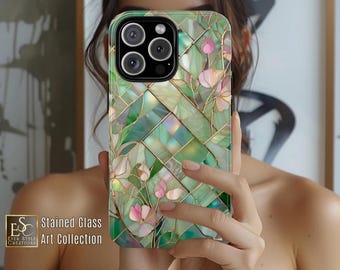 Stained Glass Floral Phone Case: Green & Pink Botanical Art