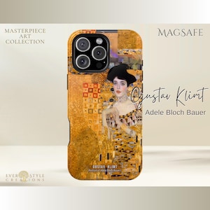 May include: A MagSafe phone case featuring a reproduction of Gustav Klimt's Portrait of Adele Bloch-Bauer I. The design displays a golden, intricate pattern with geometric shapes and a central portrait of a person with dark hair against a metallic background.
