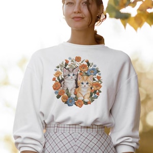 Cute Cat Embroidery Design Sweatshirt - Cozy Embroidered Cat Sweater for Cat Lovers