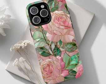 Pink Rose Stained Glass Phone Case, Floral Art for iPhone, Samsung, Pixel, Glossy Matte