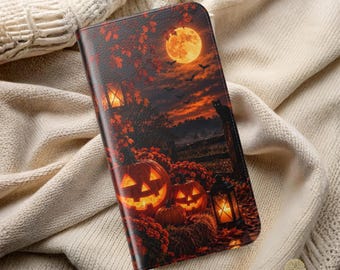 Halloween Jack O Lantern Wallet Phone Case Spooky Full Moon Black Cat Folio Flip Cover