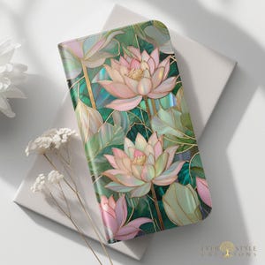 Stained Glass Lotus Brieftasche Handyhülle, Vegan Leder Folio Hülle mit Kartenfächern und Blumenmuster