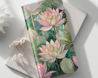 Funda para teléfono con diseño de loto y vitrales, funda tipo folio de piel vegana con diseño floral y ranuras para tarjetas.