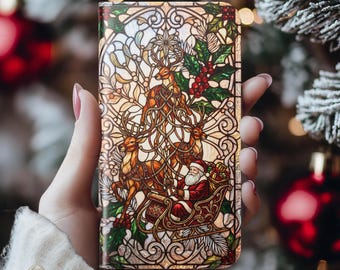 Stained Glass Santa Phone Case Christmas Reindeer Sleigh Holiday Wallet Cover Xmas Gift Her