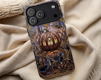 Gothic Pumpkin Phone Case Stained Glass Cathedral Lantern Bats Halloween Hard Shell Cover