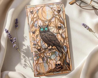Gothic Owl Wallet Phone Case Stained Glass Skull Moon Folio Cover Halloween Flip Case