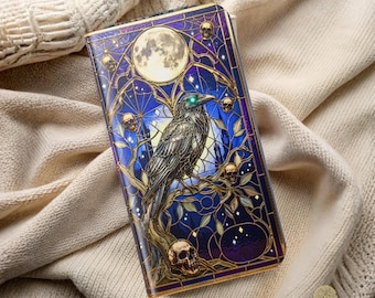 Gothic Raven Wallet Phone Case Stained Glass Crow Moon Skull Folio Flip Cover
