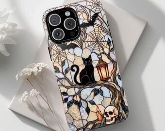 Gothic Stained Glass Black Cat Phone Case Halloween Skull Lantern Hard Cover