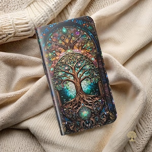 Funda para teléfono de cuero vegano con diseño de árbol de la vida y vitrales