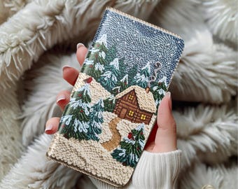 Embroidered Look Winter Cabin Phone Case Cozy Christmas Cottage Holiday Wallet Cover Xmas Gift