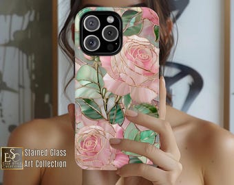 Pink Rose Stained Glass Phone Case: Elegant Floral Art