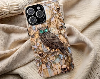 Gothic Owl Phone Case Stained Glass Skull Halloween Hard Shell Cover Spooky Witchy Case