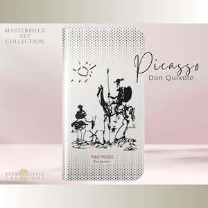 May include: A rectangular phone case featuring a black and white dotted pattern and a black line drawing of Don Quixote and Sancho Panza on horseback. The text reads Masterpiece Art Collection, Picasso Don Quixote, and Ever Style Creations.
