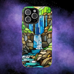 Waterfall Stained Glass iPhone Case, Naturel Inspired Artistic Phone Cover, Vibrant Waterfall Scene, Unique Gift for Nature Lovers
