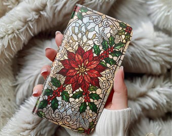 Stained Glass Poinsettia Phone Case Christmas Floral Holiday Wallet Cover Xmas Gift Her