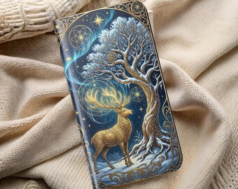 Golden Stag Phone Case Celestial Winter Tree of Life Holiday Wallet Cover Xmas Gift