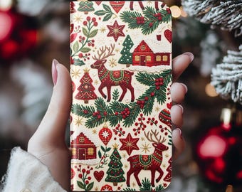 Nordic Folk Reindeer Christmas Phone Case Embroidered Holiday Wallet Cover Xmas Gift Her