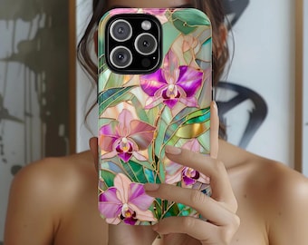 Stained Glass Orchid Phone Case, Elegant Floral Art Cover, iPhone 18 Pro, iPhone 18 Pro Max