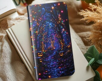Halloween Enchanted Forest Wallet Phone Case Fairy Lights Jack O Lantern Folio Flip Cover