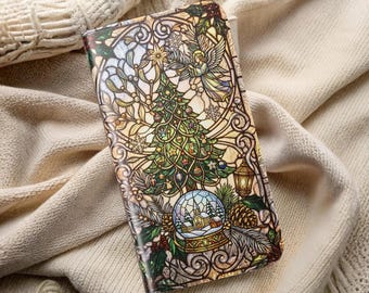 Stained Glass Christmas Phone Case Snow Globe Angel Holiday Wallet Cover Xmas Gift Her