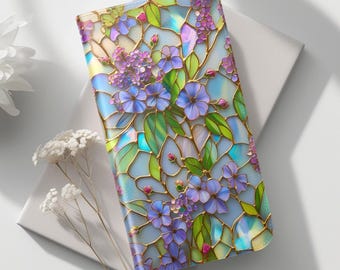 Pastel Stained Glass Floral Wallet Phone Case, Lavender Mosaic Design, Folio Cover Card Holder