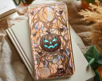 Gothic Pumpkin Wallet Phone Case Stained Glass Jack O Lantern Skull Moon Folio Cover Halloween Flip Case