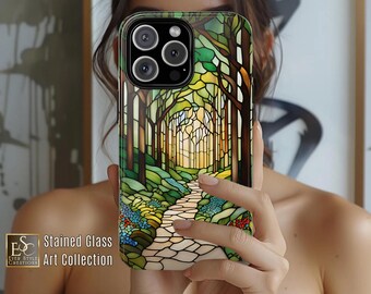 Stained Glass Forest Path Phone Case: Nature Art Cover