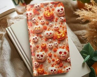 Halloween Pumpkin Skull Wallet Phone Case Autumn Jack O Lantern Folio Flip Cover