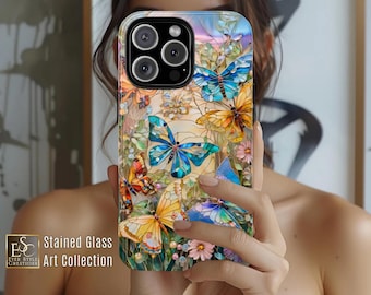 Stained Glass Butterfly Phone Case: Glossy Floral Mosaic Art