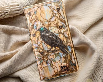 Gothic Raven Wallet Phone Case Stained Glass Crow Skull Moon Folio Cover Halloween Flip Case