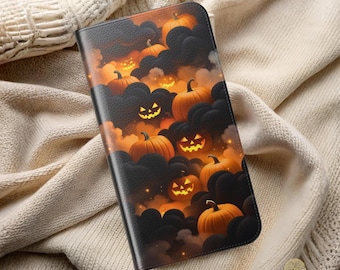 Halloween Glowing Pumpkin Clouds Wallet Phone Case Spooky Jack O Lantern Folio Flip Cover