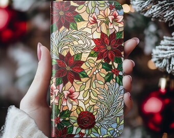 Stained Glass Christmas Phone Case Amaryllis Poinsettia Floral Holiday Wallet Cover Xmas Gift