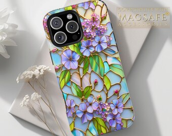Stained Glass Floral MagSafe Phone Case Lavender Flower Gold Botanical Tough Cover