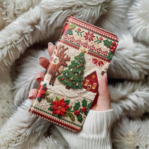 Jultelefonskal med broderat utseende, nordiskt renskinn, plånboksfodral, festlig julgranspresent
