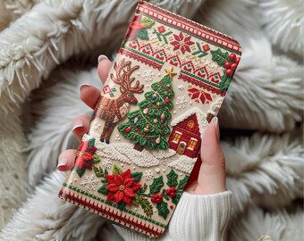 Embroidered Look Christmas Phone Case Nordic Reindeer Holiday Wallet Cover Festive Xmas Tree Gift