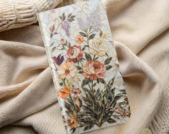 Artisan Floral Mosaic Folio Wallet Case, Vegan Leather Phone Stand, Mother of Pearl Botanical Art