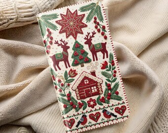Embroidered Look Christmas Phone Case Nordic Folk Reindeer Cottage Holiday Wallet Cover Xmas Gift