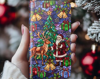 Stained Glass Santa Phone Case Reindeer Christmas Tree Holiday Wallet Cover Xmas Gift