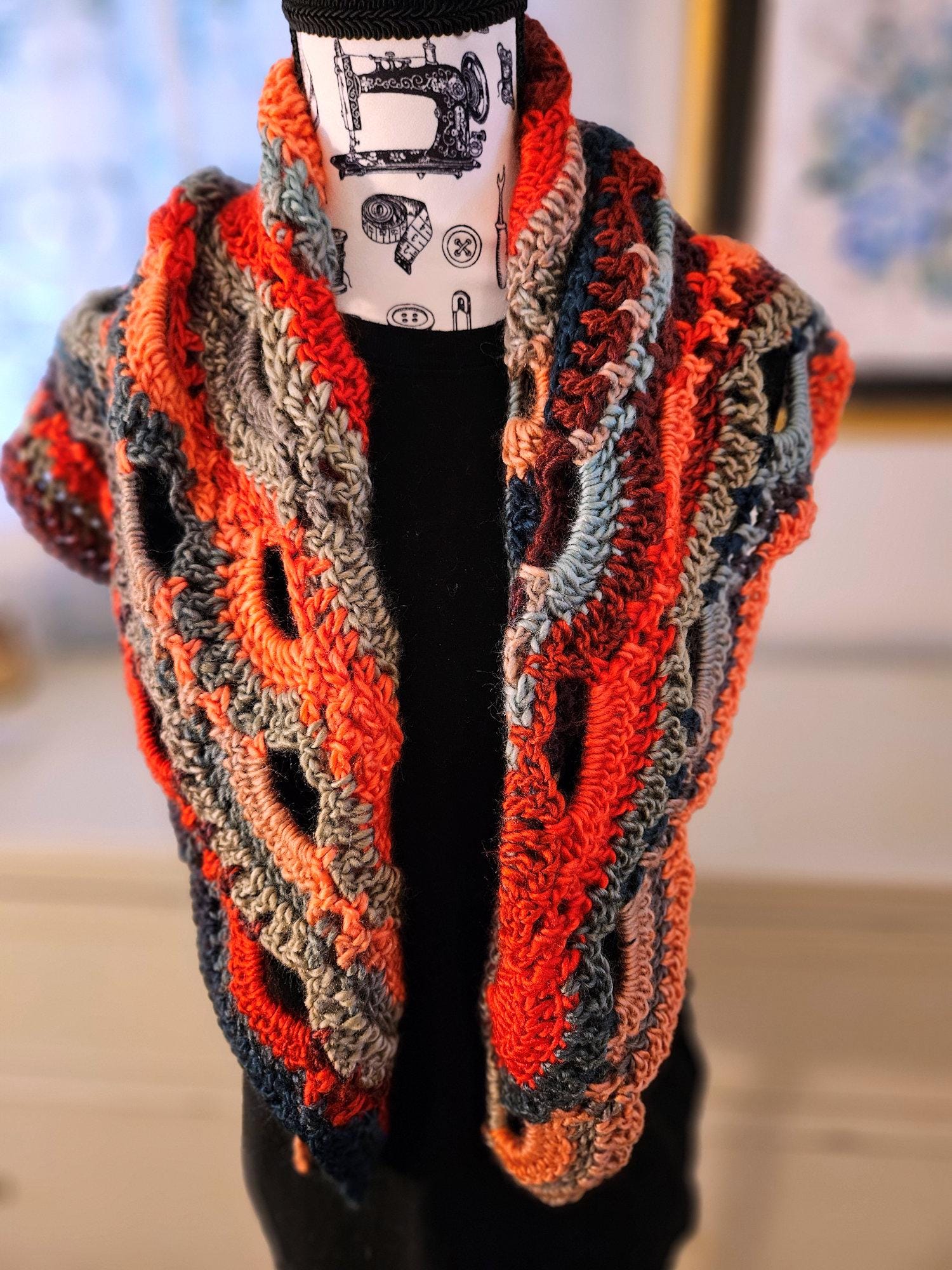 Owl Pattern Scarf Shawl Crochet Fiery Volcanic Colors Red Black Gray Coral Fashion Accessory For Her