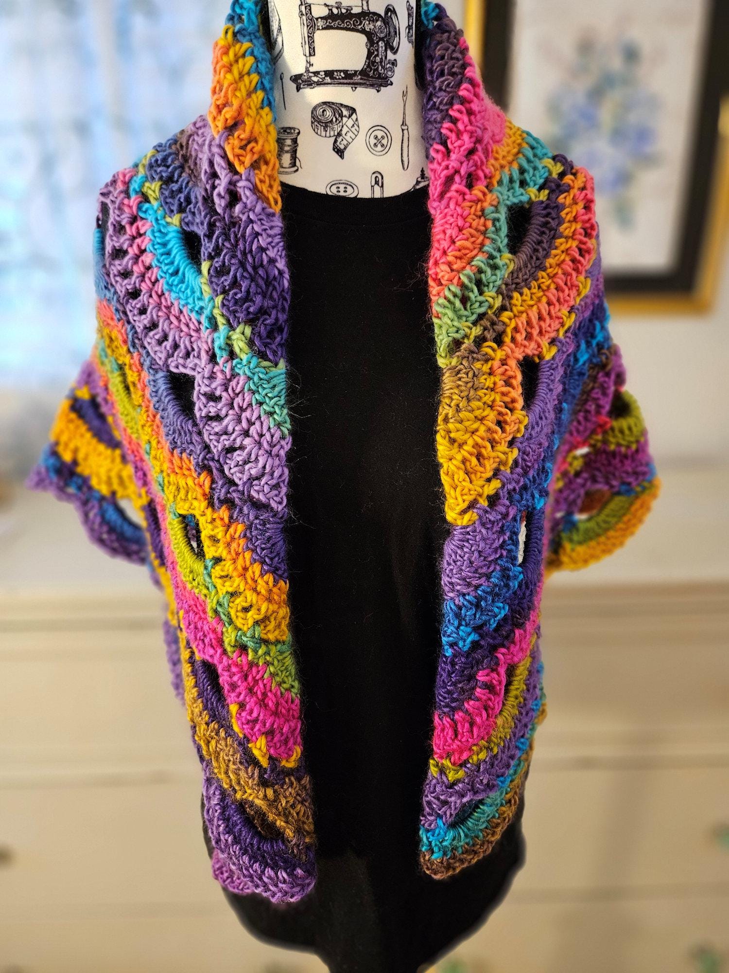 Owl Shawl Scarf Crochet Pink Green Turquoise Gold Multi Bright Colorful Spring Fashion Accessory For